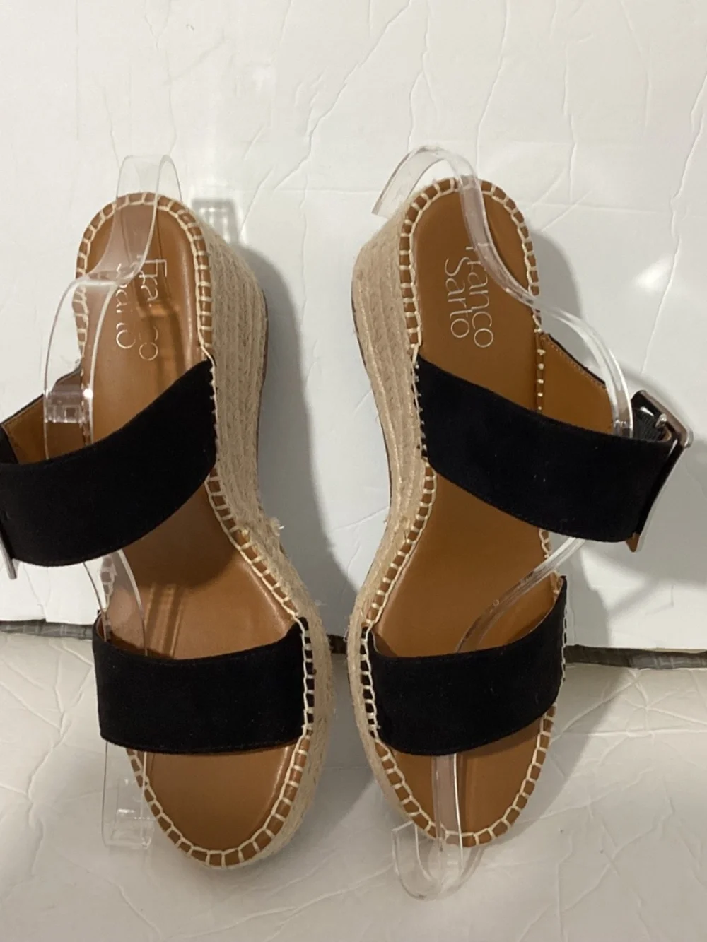 FRANCO SARTO SIZE 10M COASTAL 2 BLACK SUEDE ESPADRILLE PLATFORM WEDGE SANDALS